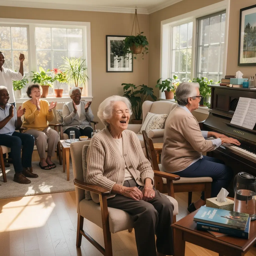 Seniors, kas piedalās grupas nodarbībās, lai uzlabotu savu labklājību.