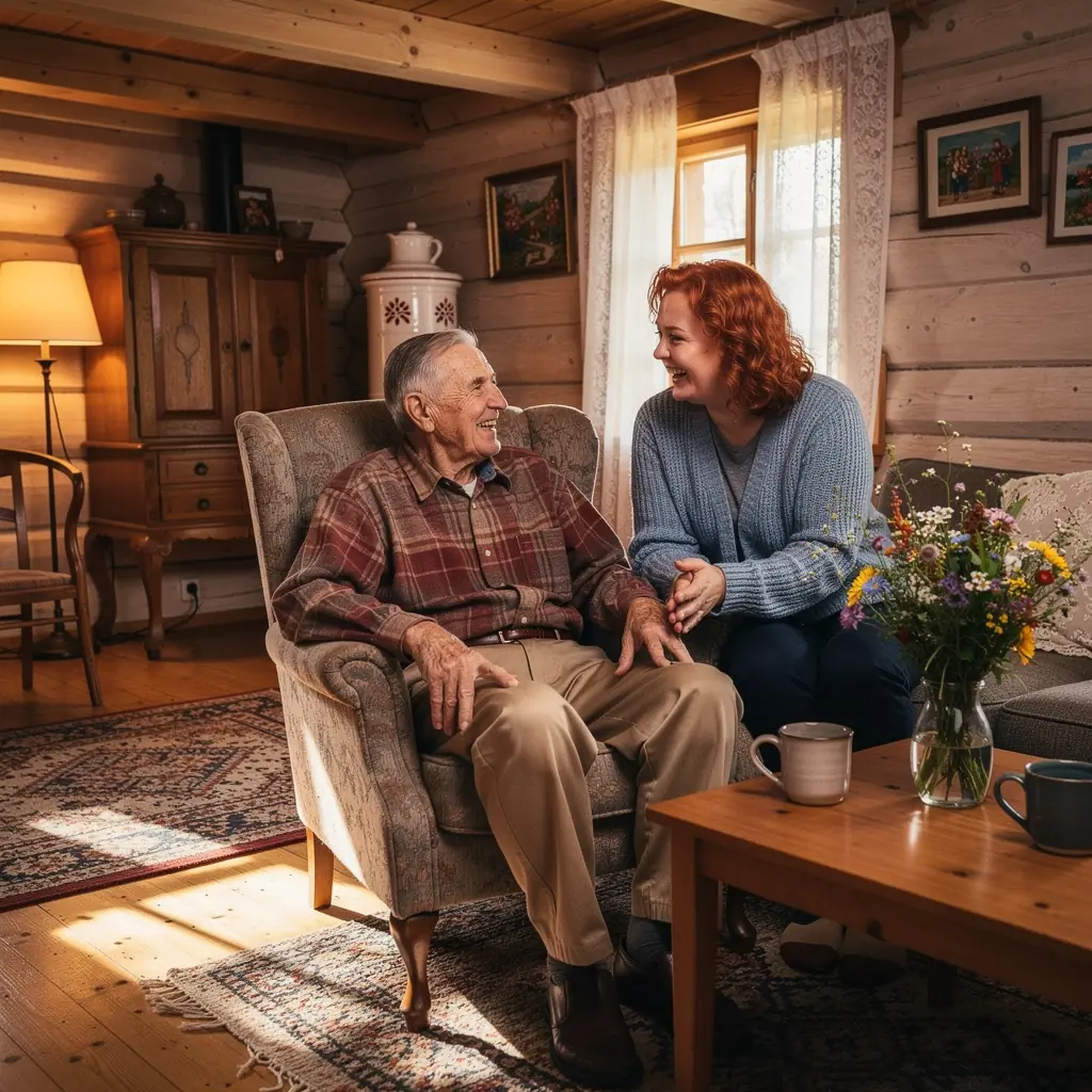 Mājas darbi, kur seniors saņem palīdzību no aprūpētāja.